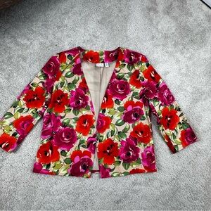 Kim Rogers Women's Size M Floral Blazer Jacket‎ Red Pink Roses Open Front